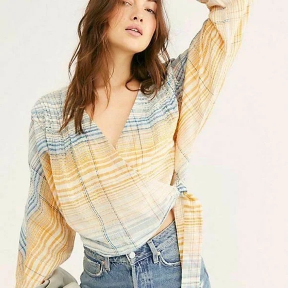 We The Free Maldives Yellow Blue Striped Wrap Blouse XS